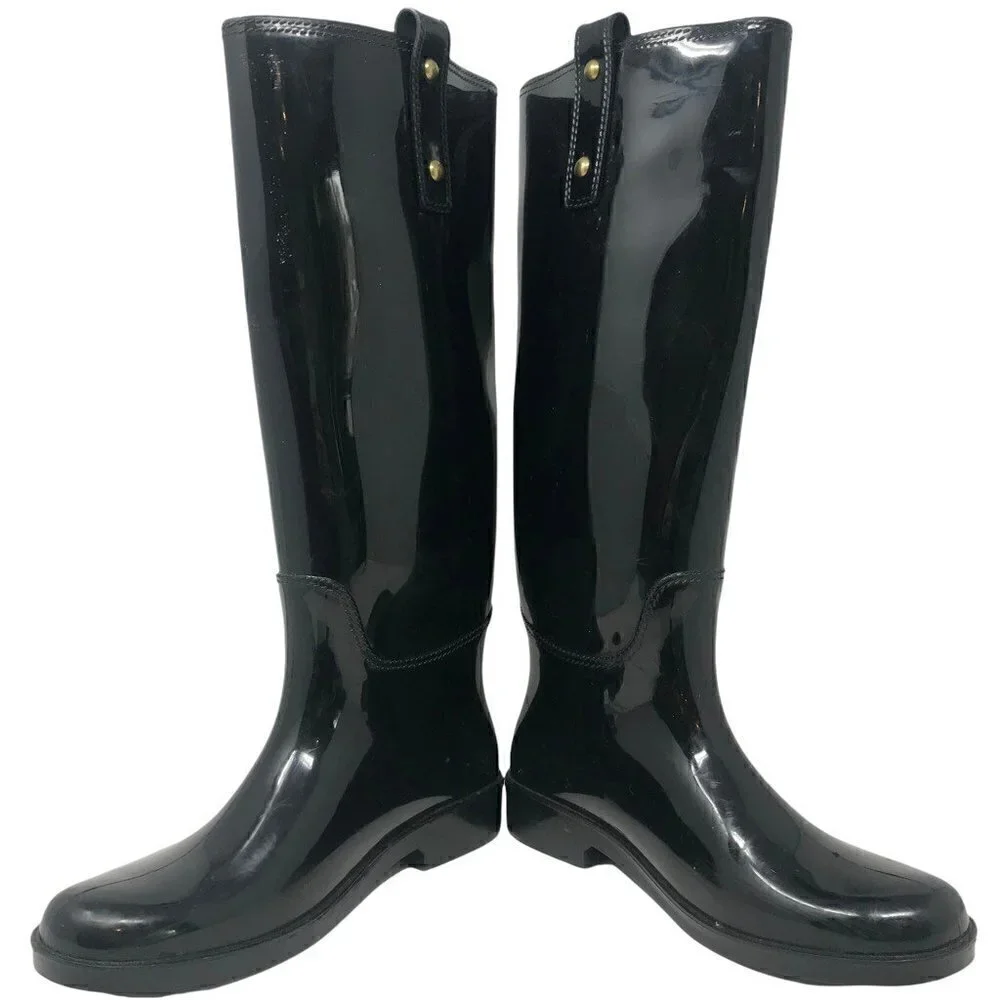 Coach Womens Tasha Riding Rain Boots Black Round Toe Knee High Buckle 7